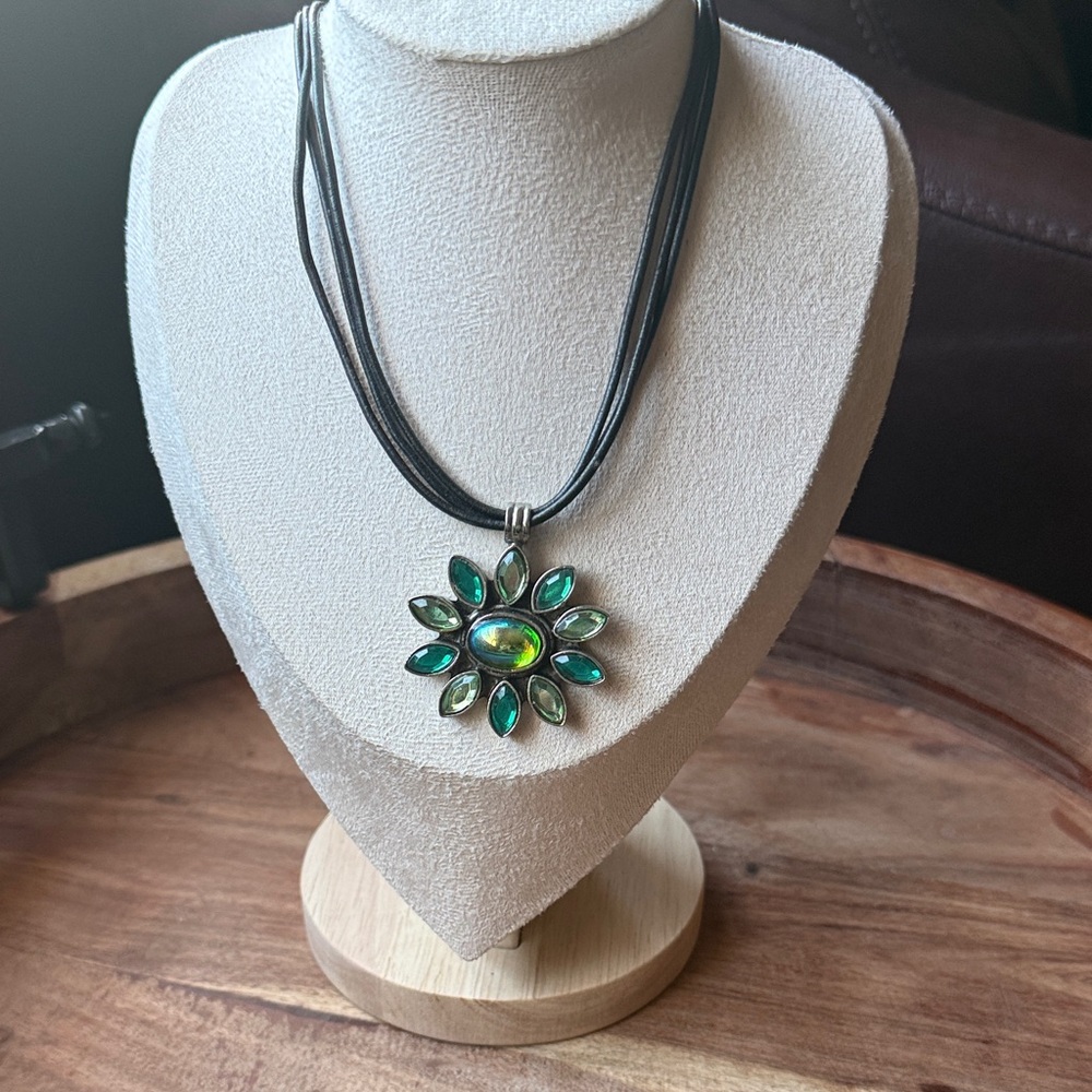 Green Crystal Flower Pendant Necklace on Multi-Strand Black Cord